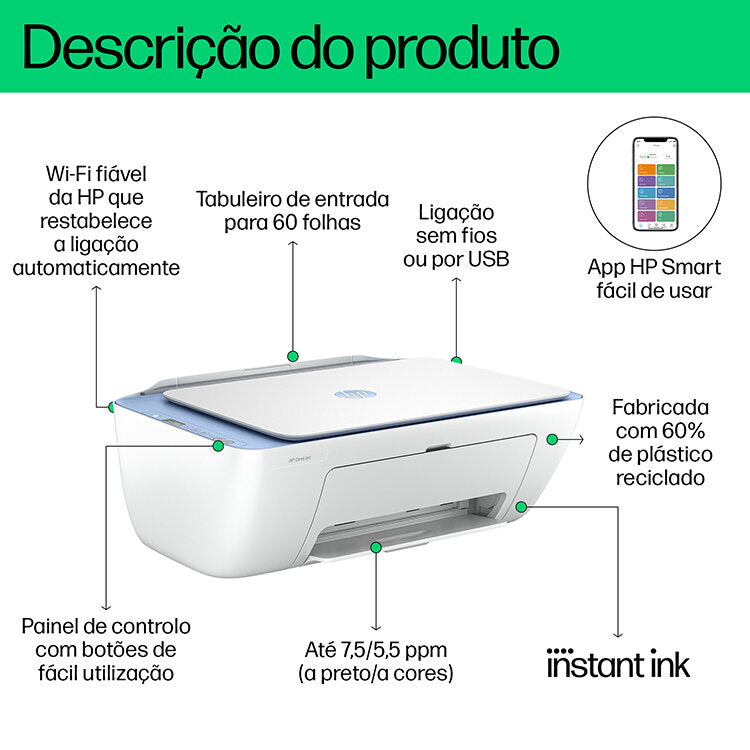 Impressora HP DeskJet 2820e Multifuncional Cor Branca WIFI Compacta
