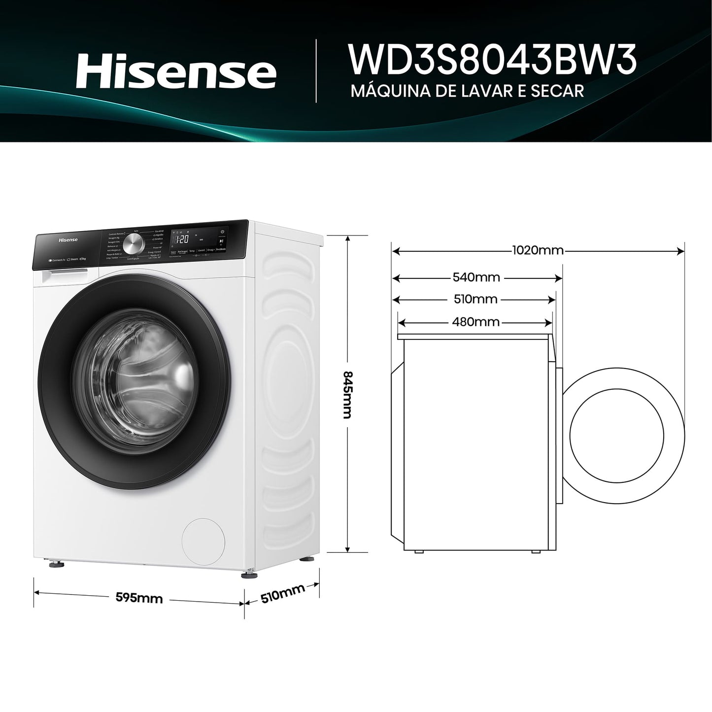 Máquina de Lavar e Secar Roupa Serie 3S, 8/5 Kg - WD3S8043BW3