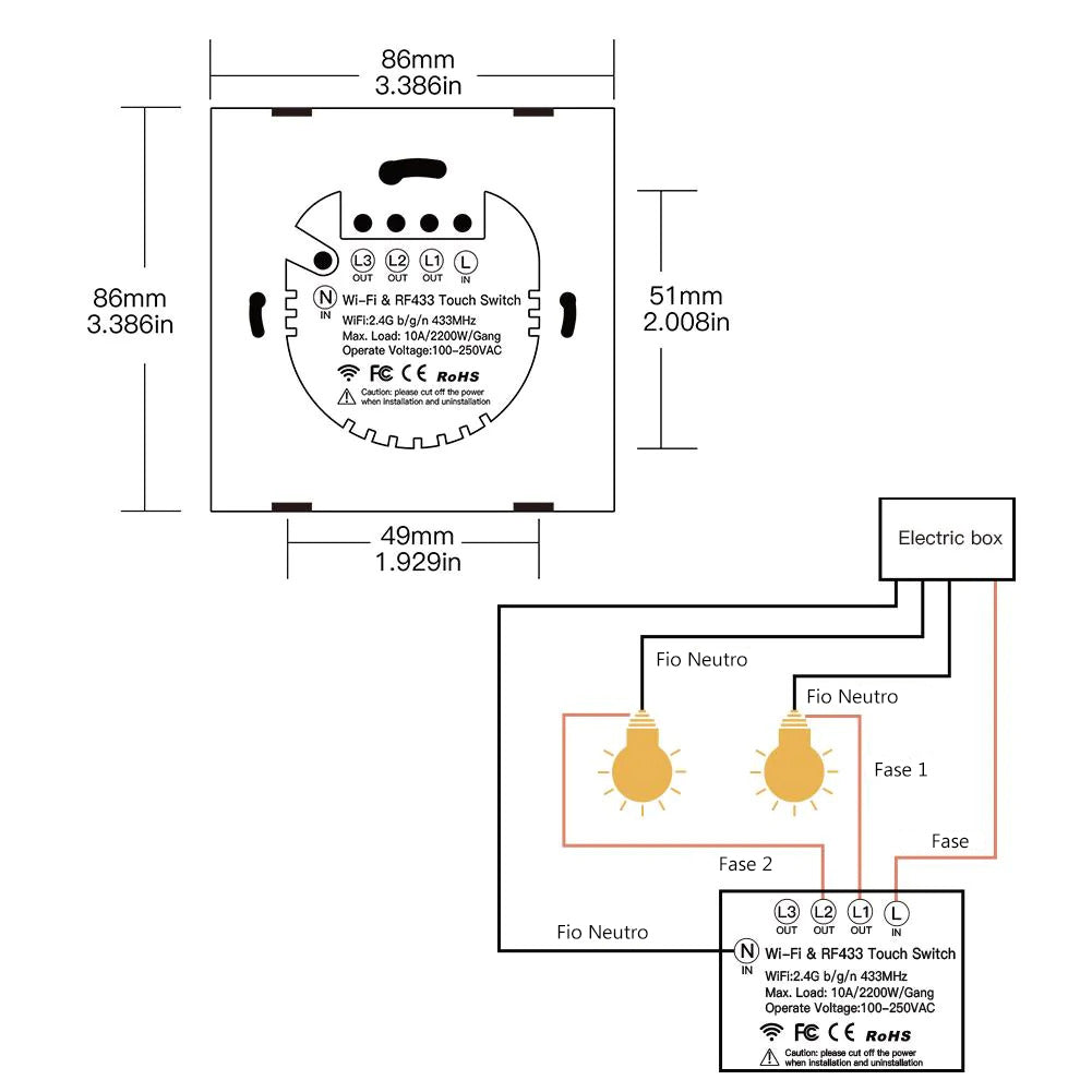 Interruptor de Parede Touch Vidro Wi-Fi+RF433 DO3