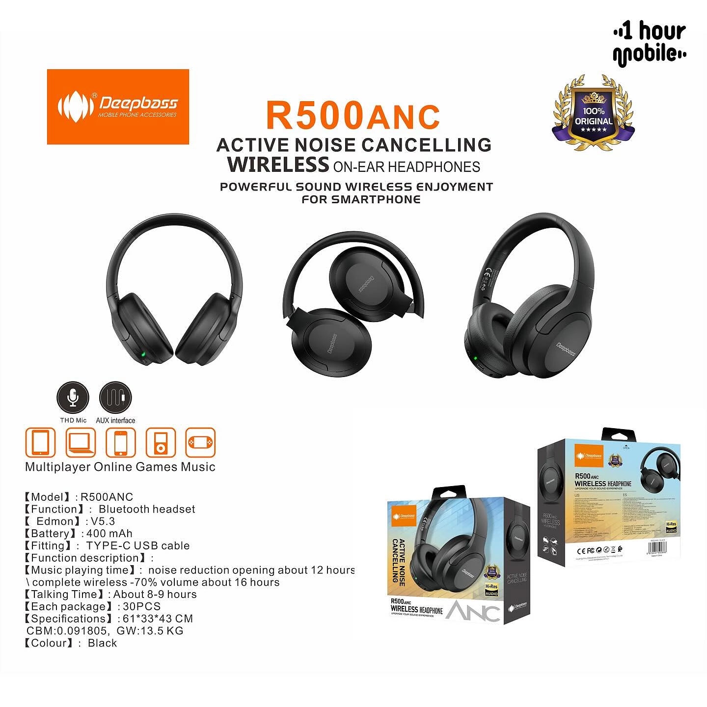 Auscultadores Sem Fio ANC com Cancelamento de Ruído Deepbass R500