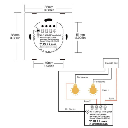 Interruptor de Parede Touch Vidro  Wi-Fi+RF433 DO3