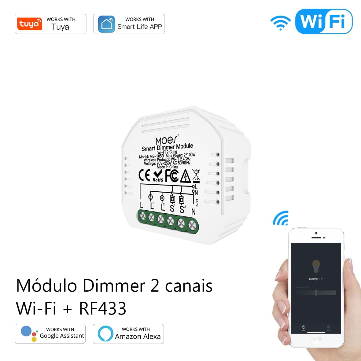 Módulo Dimmer 2 canais Wi-Fi+RF433 DO3