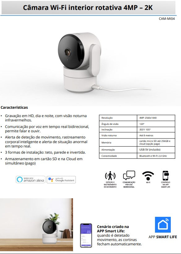 Câmara Wi-Fi Interior Rotativa 4mp 2k Branco