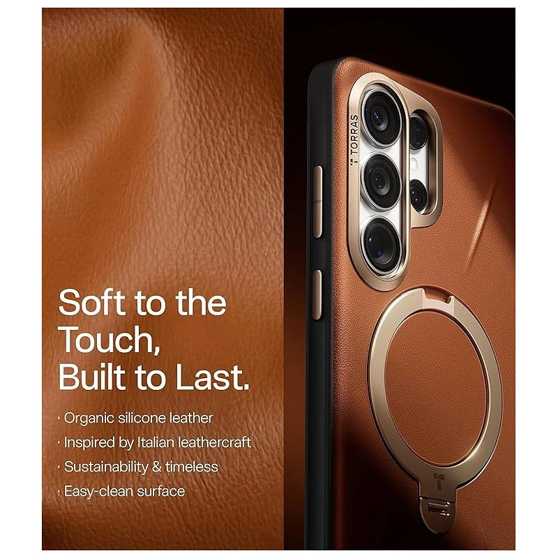 Torras Samsung S26 Ultra Ostand Spin Vegskin Series Amber Brown
