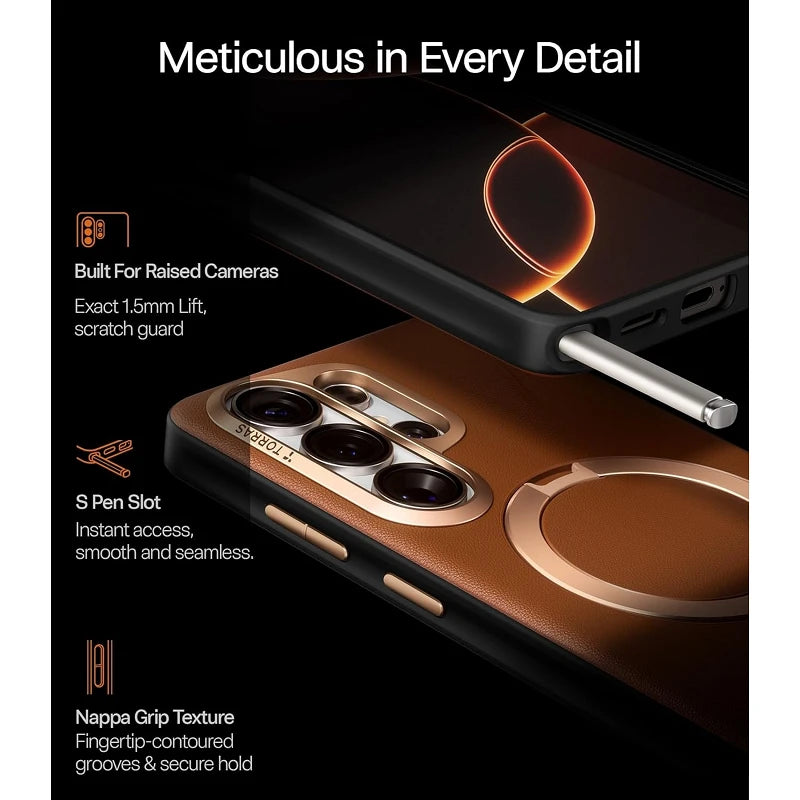 Torras Samsung S26 Ultra Ostand Spin Vegskin Series Amber Brown